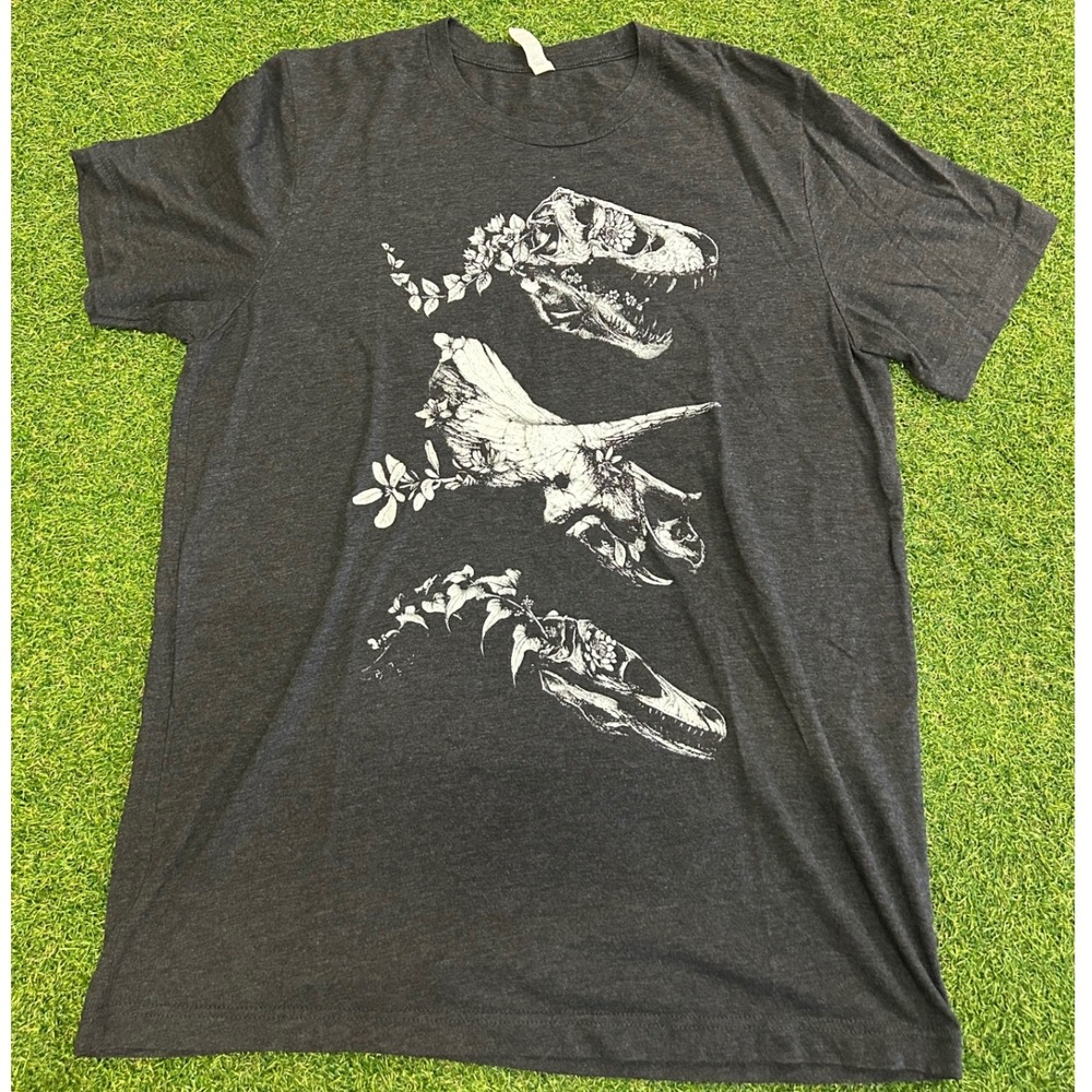 Floral Dinosaur Skulls Graphic T-Shirt Gray Tri-Blend Crew Neck Large